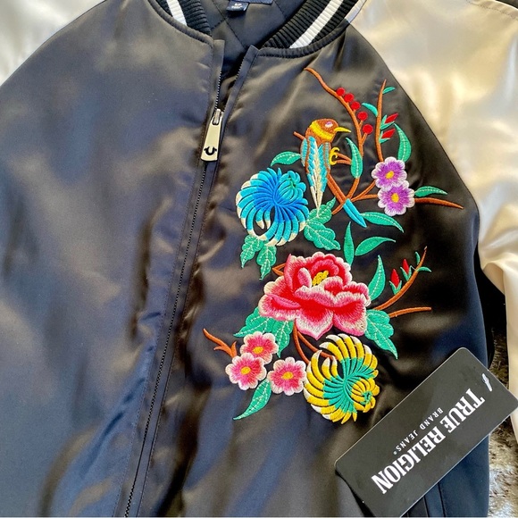 True Religion NWT Black Satin Embroidered Flower Bomber Jacket Size Small - Picture 9 of 9
